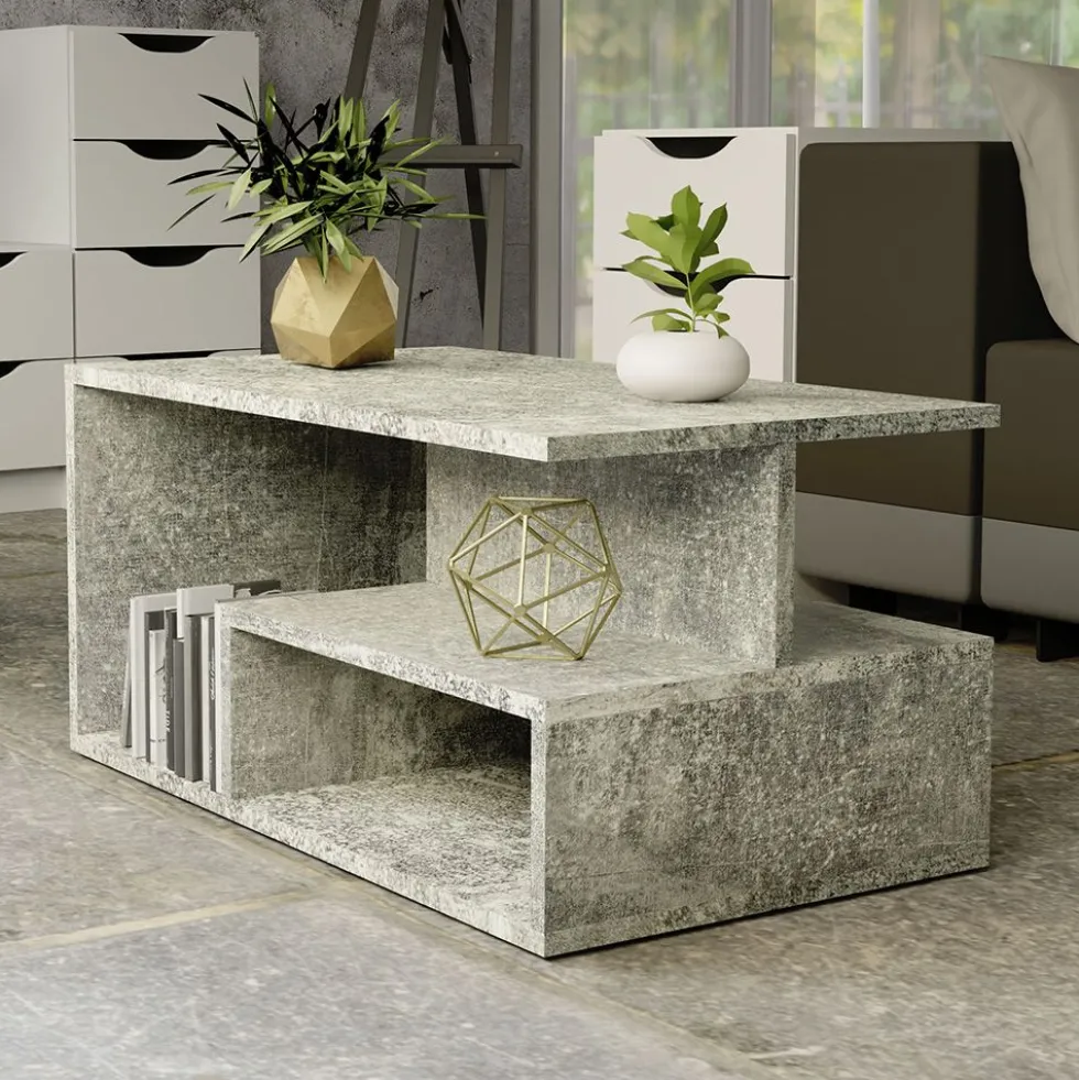 Tavolino da salotto moderno 91x51x43 cm con vani a giorno cemento TST4