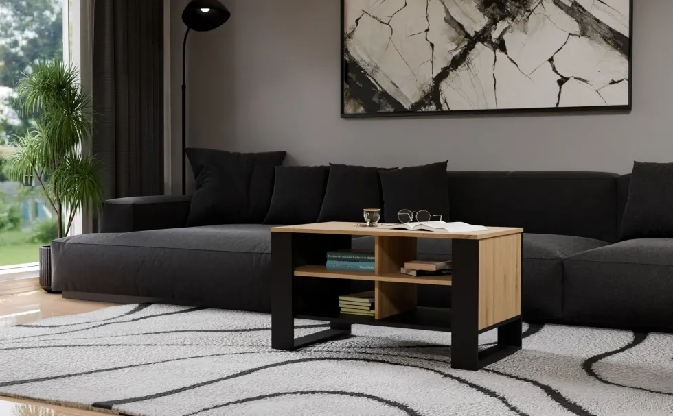 Tavolino da salotto 58x50x90 cm con 4 vani rovere e nero TST12