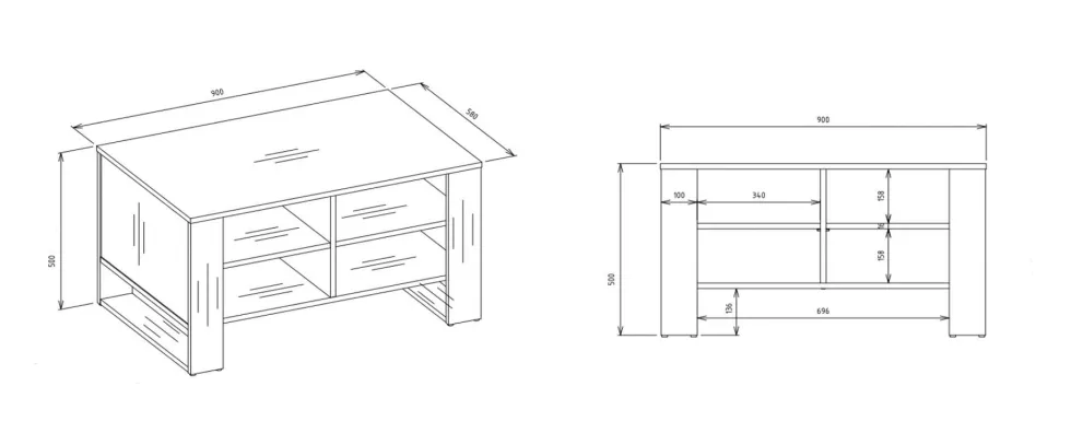 Tavolino da salotto 58x50x90 cm con 4 vani rovere e nero TST12
