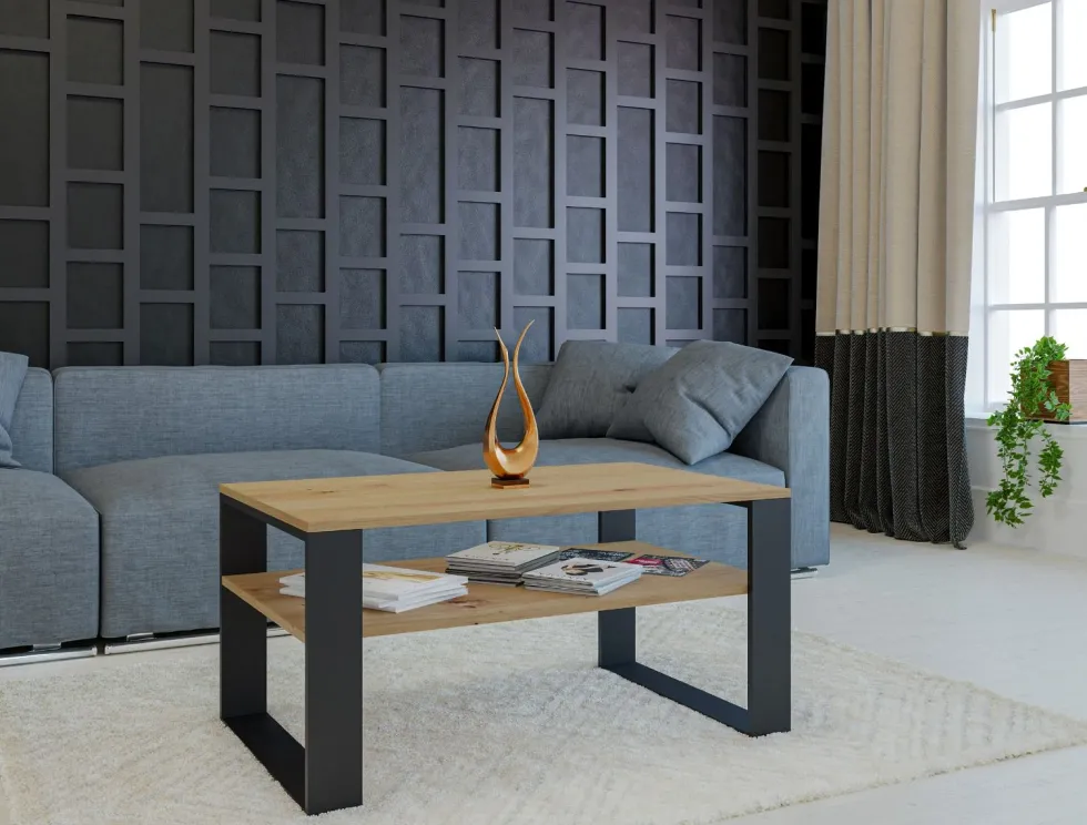 Tavolino moderno 58x50x90 cm con 2 ripiani rovere e nero TST9