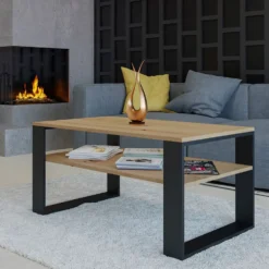 Tavolino moderno 58x50x90 cm con 2 ripiani rovere e nero TST9