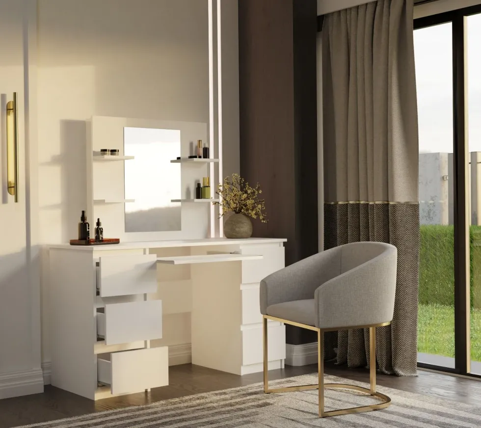 Toeletta da trucco moderna 130x146 cm con specchio bianca TOT6