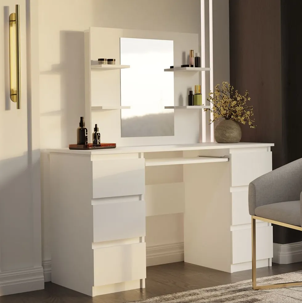 Toeletta da trucco moderna 130x146 cm con specchio bianca TOT6