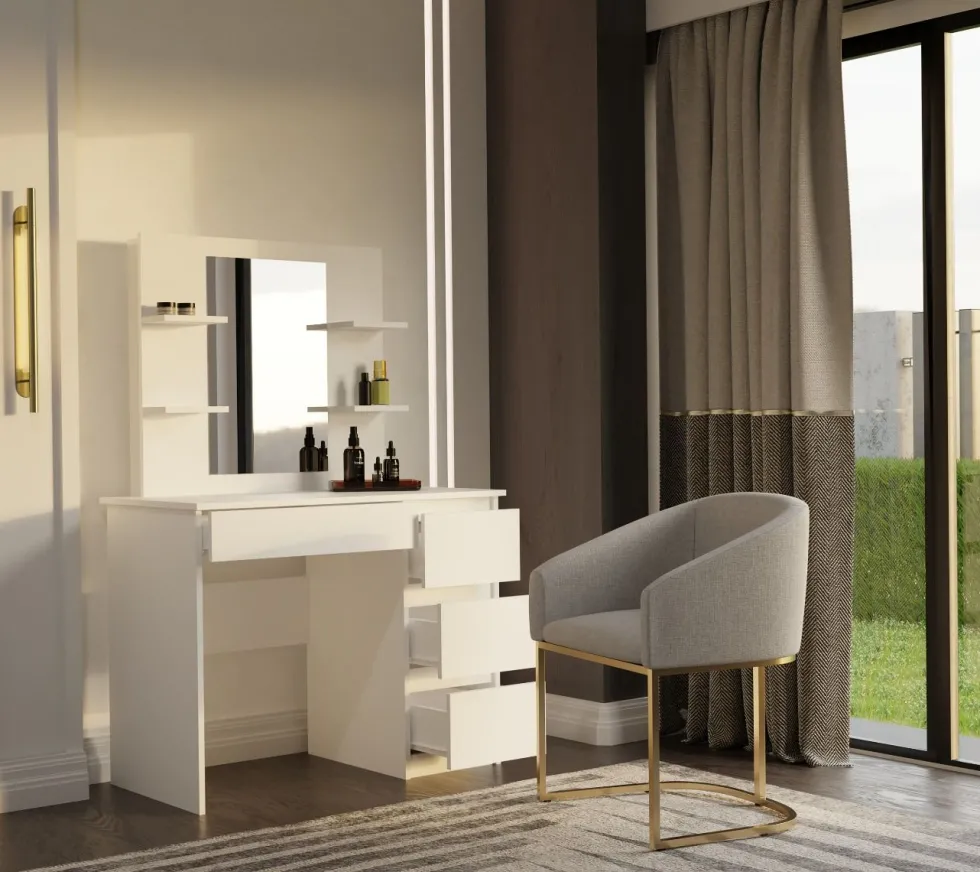 Toeletta da trucco moderna 98x146 cm con specchio e cassetti bianco opaco TOT7