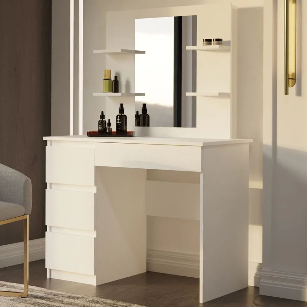 Toeletta da trucco moderna 98x146 cm con specchio e cassetti bianco opaco TOT7