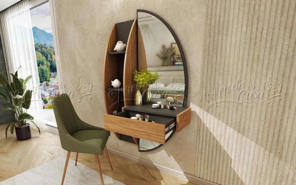 Toeletta elegante sospesa 89,5x175x42 cm con specchio in grafite e rovere scuro CU48