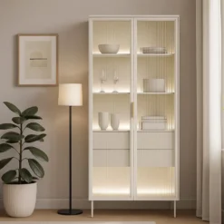 Vetrina alta moderna con cassetti push-pull e luce LED beige cashmere VLK13