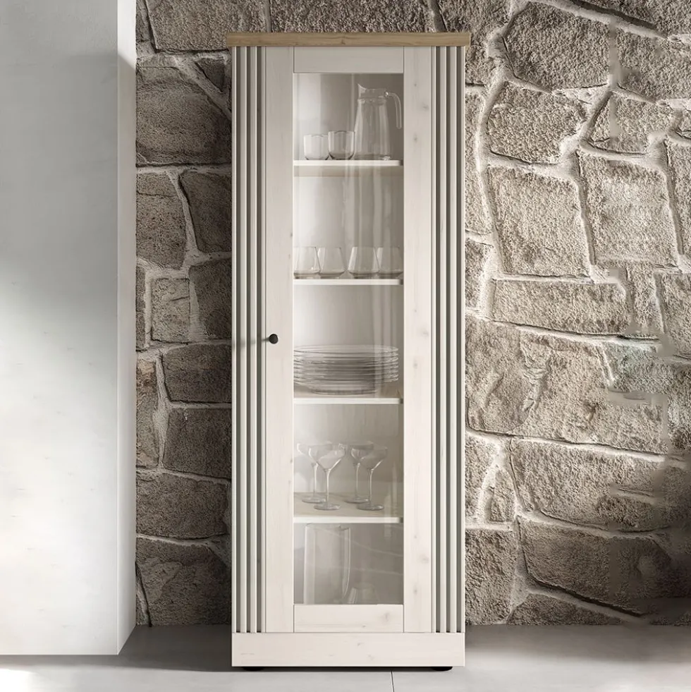 Vetrina moderna a 1 anta 72x192 cm bianco effetto legno e rovere VL11
