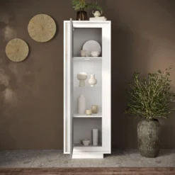 Vetrina moderna per soggiorno 67x197 cm bianco opaco e cemento VL10