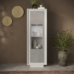 Vetrina moderna per soggiorno 67x197 cm bianco opaco e cemento VL10