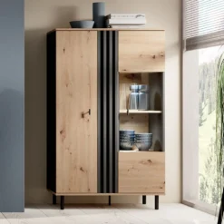 Vetrina 90x150 con LED nero e rovere chiaro VLK10