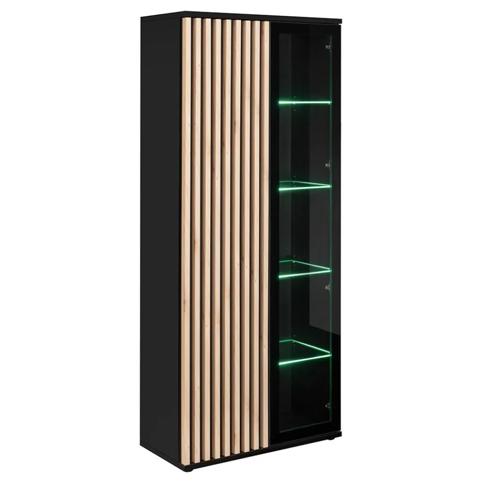 Vetrinetta alta moderna con illuminazione LED nero e rovere 80x192 VP27