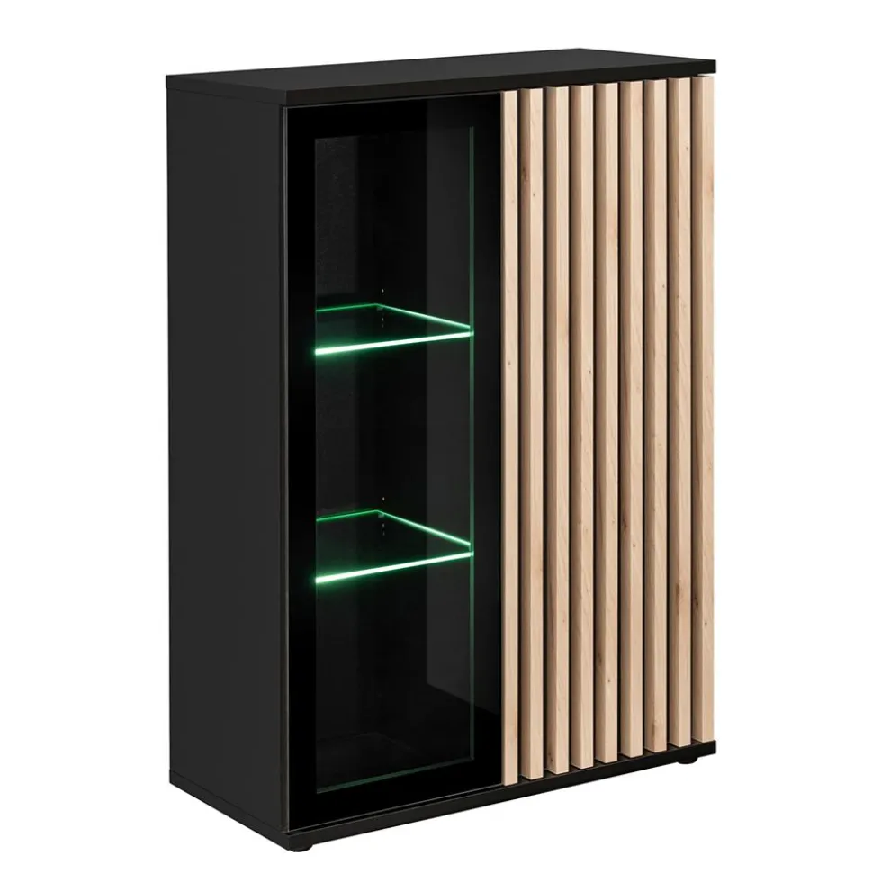 Vetrinetta bassa moderna con illuminazione LED nero e rovere 80x118 VP28